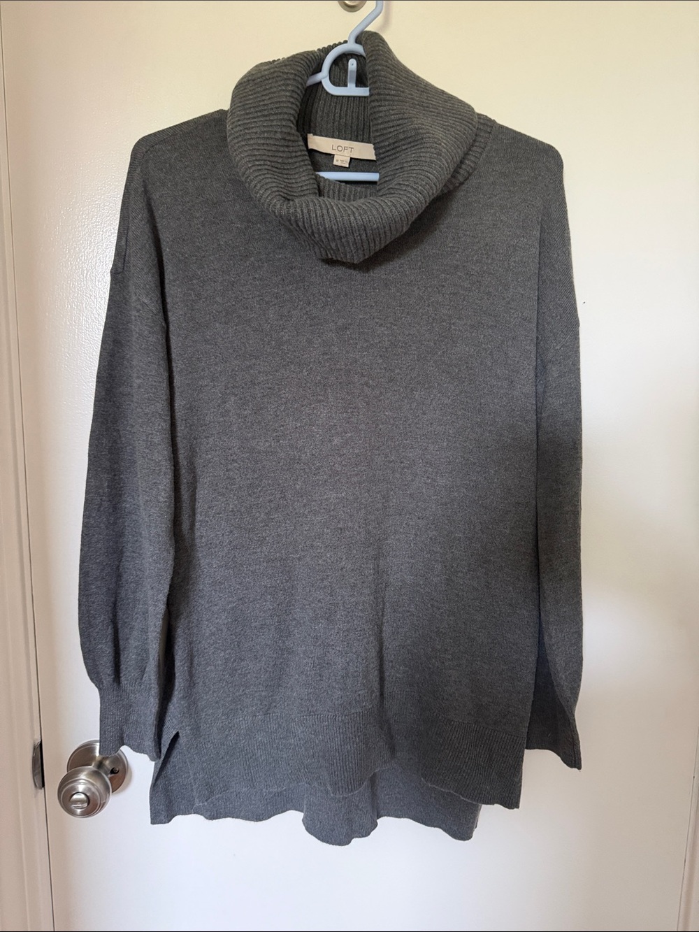 LOFT Gray Ribbed Cowl Neck Sweater